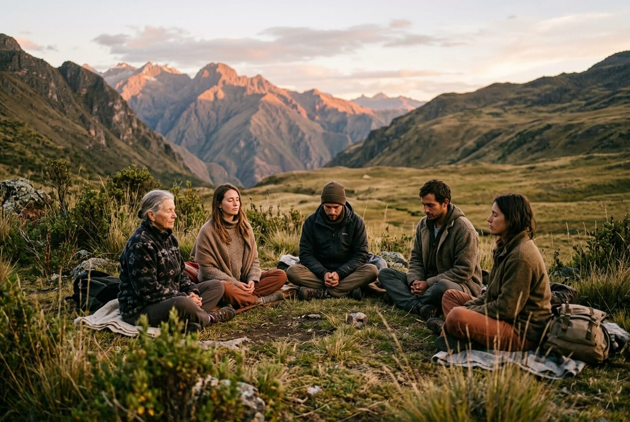 Grupo en meditación en los Andes